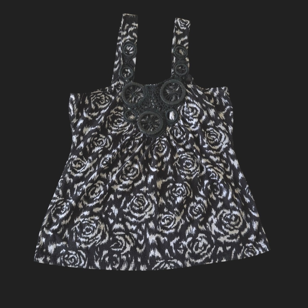 Y2K Hot Temper Black Rose Ikat Crochet Medallion Tank Top Sleeveless Babydoll